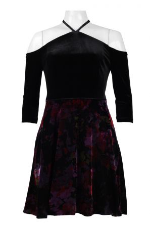 Aidan by Aidan Mattox Off Shoulder 3/5 Sleeve Zipper Back Solid Bodice Multi Print Dress