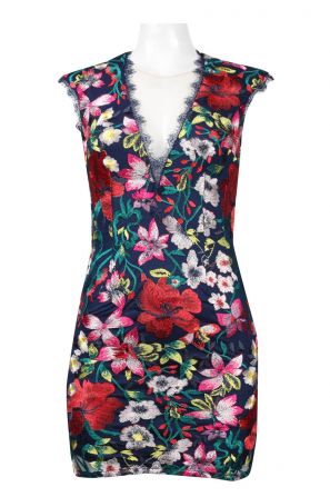 Aidan by Aidan Mattox Illusion V-Neck Cutout Back Floral Embroidered  Mesh  Dress