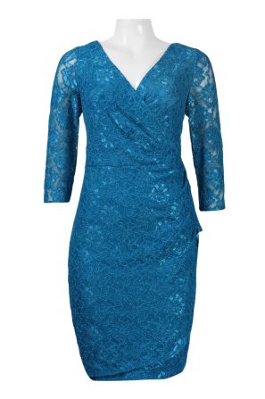Alex Evenings Surplice Neck 3/4 Sleeve Embellished Zipper Back Mesh Dress