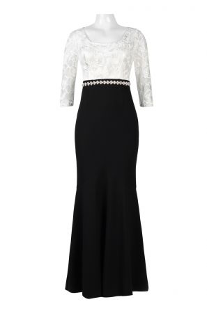 Alex Evenings Square Neck 3/4 Sleeve Embellished Waist Embroidered Mesh & Stretch Crepe Dress