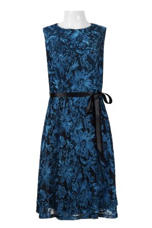 Alex Evenings Crew Neck Sleeveless Tie Waist Zipper Back Piping Detail Mesh Dress