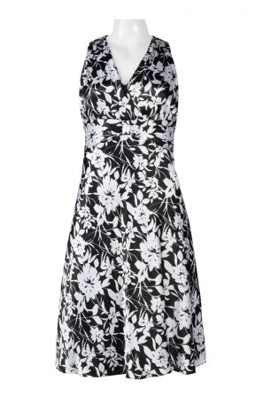 Alex Evenings V-Neck Sleeveless Ruched Floral Satin Dress