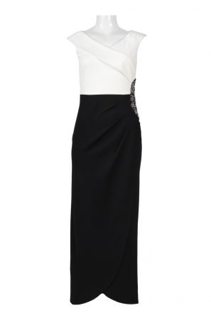 Alex Evenings V-Neck Cap Sleeve Zipper Back Embellished Side Color Block Crepe Dress