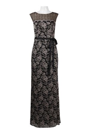 Alex Evenings Boat Neck Sleeveless Tie Waist Stretch Zipper Back Mesh Dress