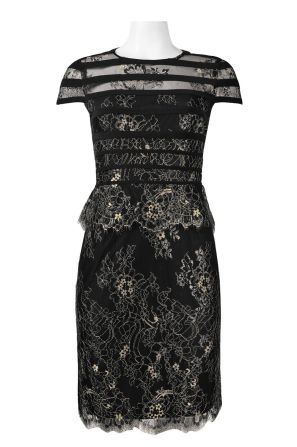 Alex Evenings Crew Neck Short Sleeve Zipper Back Floral Metallic Lace Dress