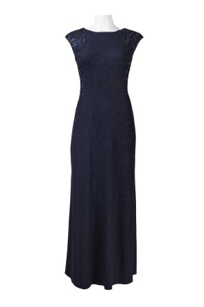 Alex Evenings Crew Neck Cap Sleeve Zipper Back Lace Side Glitter Jersey Dress