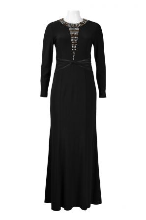 Alex Evenings Embellished Neck Long Sleeve Ruched Crossed Waist Jersey Dress