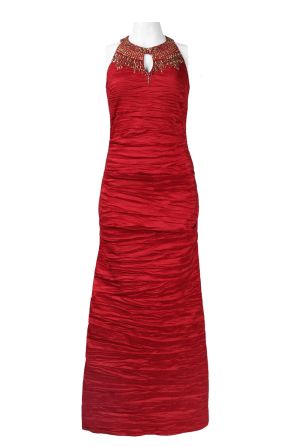 Alex Evenings Beaded Detail Cutout Neckline Ruched Scrunch Taffeta Dress