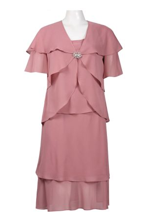 Alex Evenings Three Layer Chiffon Dress with Shutter Pleat Brooch Detail Jacket