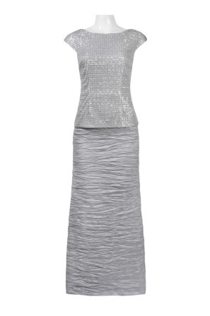 Alex Evenings Boat Neck Cap Sleeve Popover Embellished Bodice Ruched Taffeta Dress
