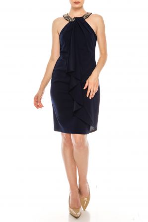 Alex Evenings Navy Sleeveless Mock Neck Short Evening Dress