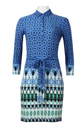 Ali Ro Collared Long Sleeve Tie Waist Multi Print Jersey Dress