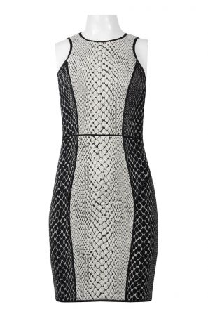 Ali Ro Haltered Zipper Back Piping Detail Acrylic Matelasse Print Panel Dress