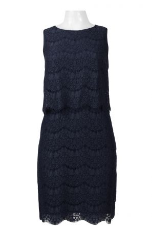 Anne Klein Crew Neck Sleeveless Zipper Back Popover Scallloped Lace Crepe Dress