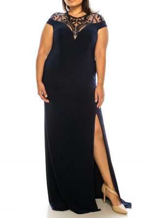 Adrianna Papell Navy Midnight Cap Sleeve Long Evening Gown