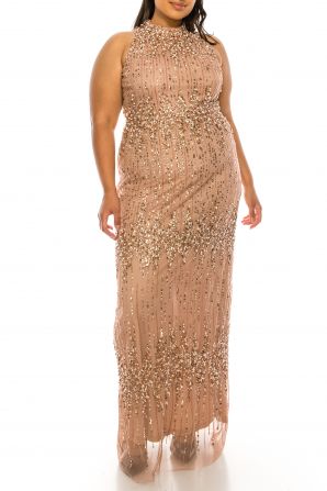 Adrianna Papell Rose Gold Sleeveless Sheath Long Evening Gown