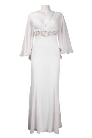 Basix Angel Sleeve V-Cut Neckline Embellished Waist Silk Chiffon Dress