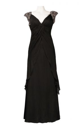 Basix Beaded Cap Sleeve V-Cut Back Silk Blend Draped Dress