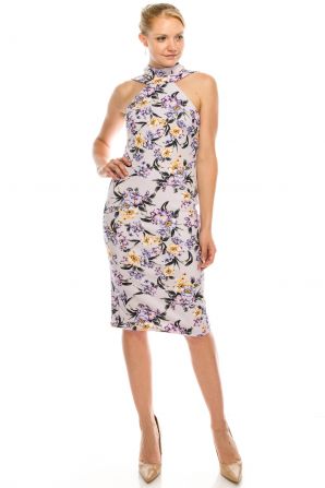BeBe Lavender Floral Strappy Mock Neck Dress