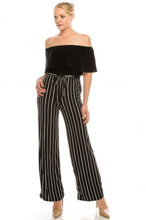 BeBe Black and Ivory Off The Shoulder Striped Jumpsuit