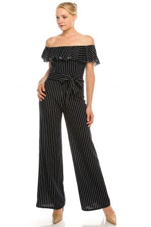 BeBe Navy Off the SHoulder Flounce Striped Belted Jumpsuit 
