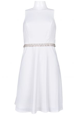 Bebe Crew Neckline Eyelet Waist Detail A-Line Crepe Dress