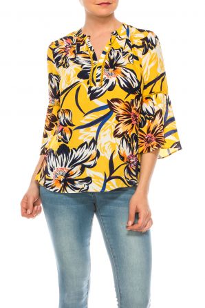 Jessica Rose Printed Collarless V Neck Bell Sleeve Blouse