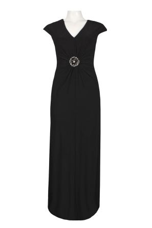 Cachet V-Neckline Gathered Front Brooch Detail Jersey Dress