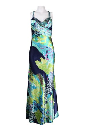 Cachet Sweetheart Neck Multi Print Open Back Flutter Hem Satin Dress