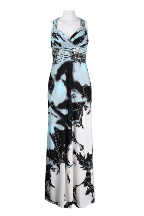 Cachet Halter Neckline Criss Cross Empire Waist Open Back Printed Jersey Dress