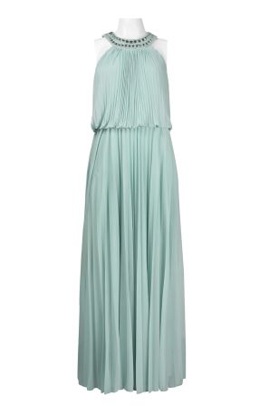 Cachet Jeweled Neckline Accordion Pleat Mesh Blouson Full Length Dress