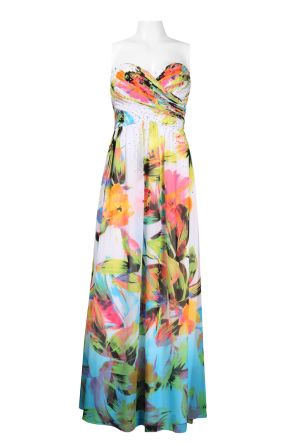 Cachet Sweetheart Neckline Ruched Bodice A-Line Botanical Print Chiffon Dress