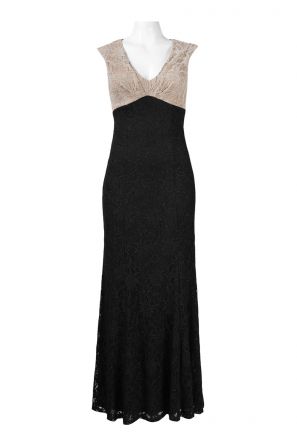 Cachet V-Neck Cap Sleeve Pleated Hem Floral Lace Dress