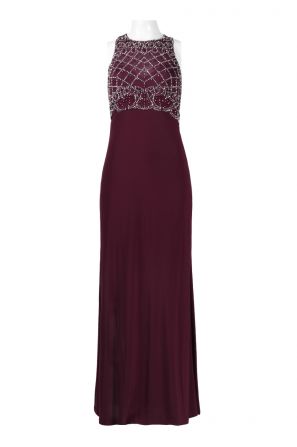 Cachet Halter Neck Embellished Bodice Zipper Back Solid Jersey Dress