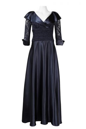 Cachet Shawl Collar Cuff Sleeve Ruched Floral Lace & Satin Dress