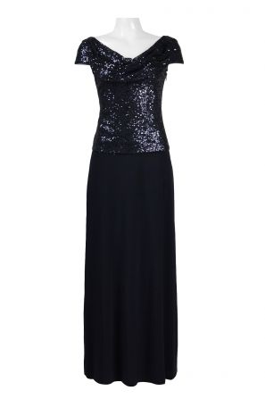 Cachet Cowl Neck Cap Sleeve Zipper Side Sequined Bodice Jersey Dress