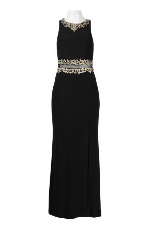 Cachet Halter Neck Zipper Back Embellished Raceback Jersey Dress