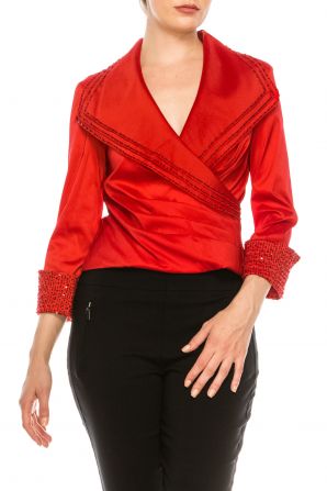 Cachet Triple Collar Stretch Red Taffeta Blouse