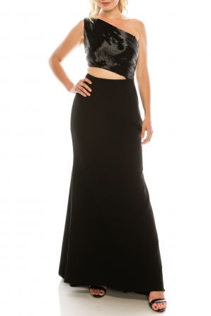 Carmen Marc Valvo Black Beaded One Shoulder Evening Gown