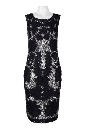 Carre Noir Square Neck Sleeveless Embroidered Floral Jersey Mesh Dress