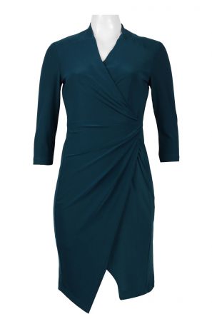Chetta B Surplice Neck 3/4 Sleeve Gathered Side Solid Jersey Dress