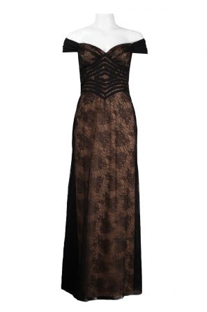 Mignon Off Shoulder Trim Bodice Floral Lace Overlay Full Length Dress
