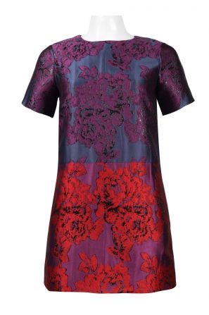 Cynthia Rowley Crew Neck Short Sleeve Zipper Back Multi Print Metallic Jacquard Dress