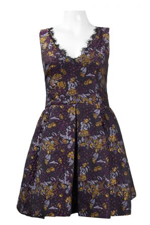 Cynthia Rowley Scalloped V-Neck Zipper Back Box Pleat Floral Jacquard Dress