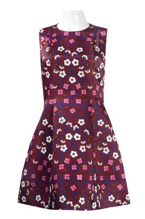 Cynthia Rowley Crew Neck Sleeveless Zipper Back Box Pleat Floral Crepe Dress
