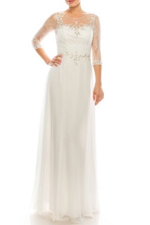 Decode Scoop Neck 3/4 Sleeve Illusion Embellished Lace Bodice Zipper Back Chiffon Dress