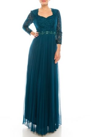 Decode Embellished Queen Anne Neck Long Sleeve Lace Bodice Accordion Pleat Jersey Mesh Dress