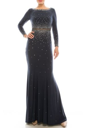 Decode Boat Neck Embellished Long Sleeve Cut Out Back Bodycon Jersey Dress