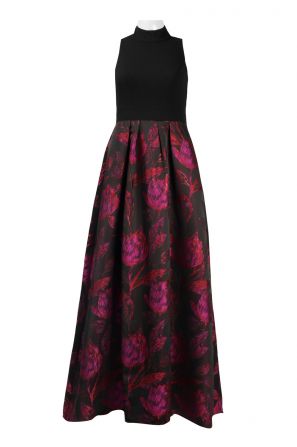 Decode High Neck Keyhole Back Pleated Stretch Crepe Bodice Floral Jacquard Dress