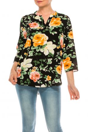 Profile Apparel Black Floral 3/4 Sleeve Relax Fit Top